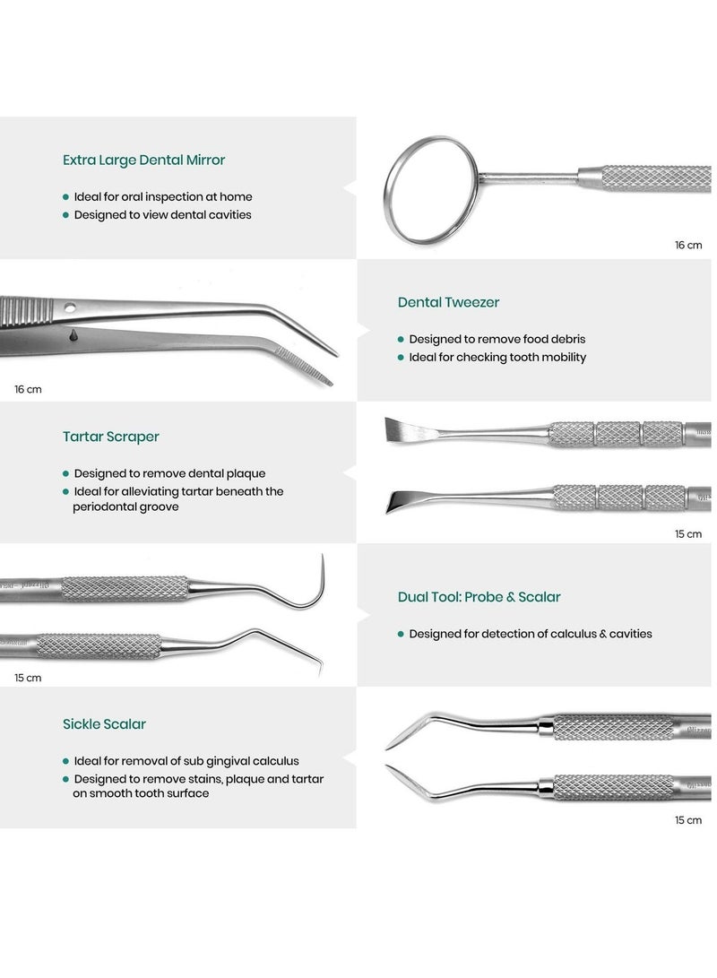 مجموعة أدوات أسنان احترافية 5 قطع – أداة إزالة البلاك ومكشطة الجير من الفولاذ المقاوم للصدأ مع ملقط ومرآة فم - Image 2